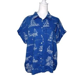 Cynthia Rowley Short Sleeve Button Front Blue 100% Linen Shirt Size Large‎